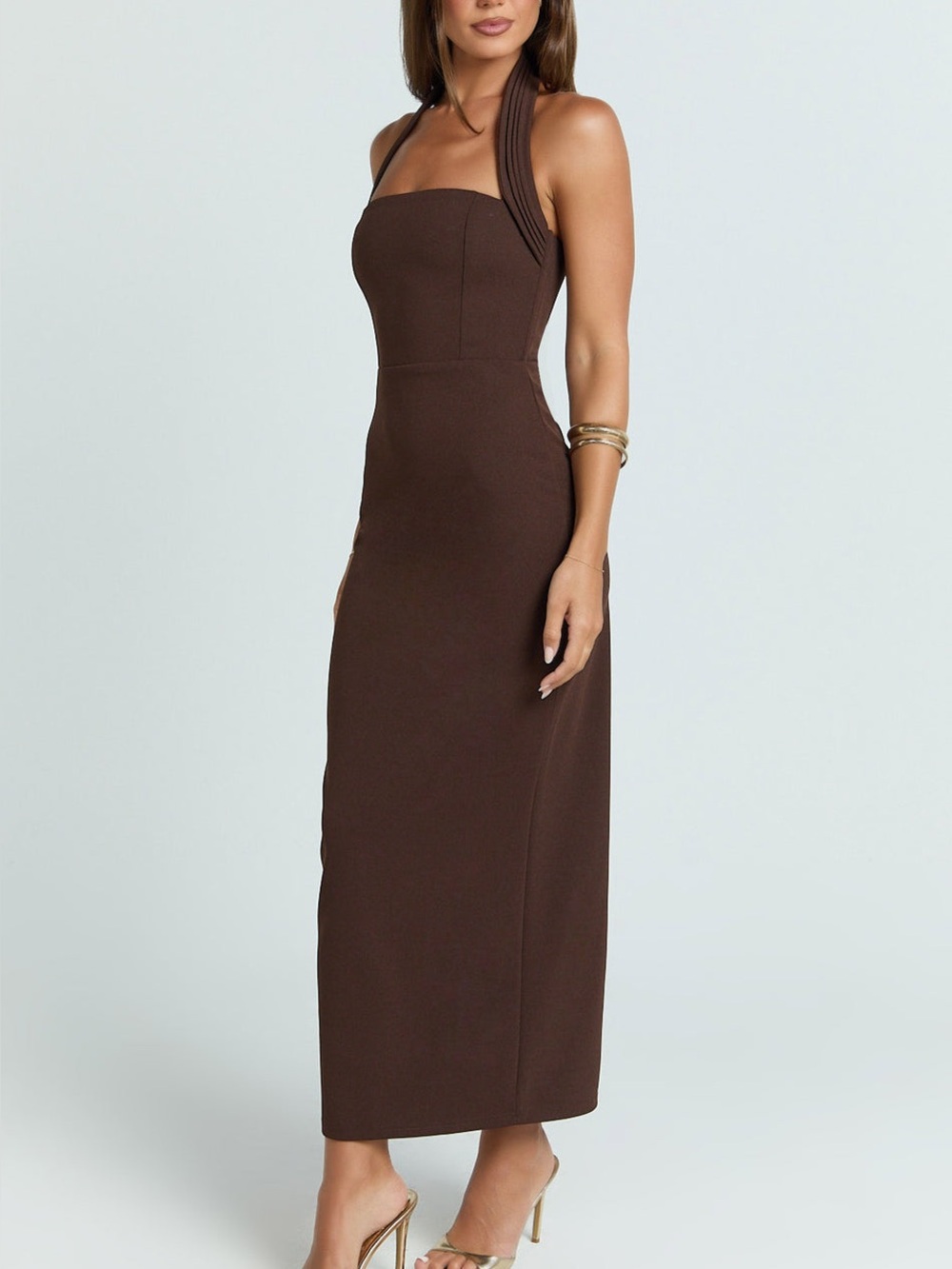 NWT REVOLVE Australia SHOWPO Salome bodycon midi dress halter chocolate US 8 - Picture 3 of 12
